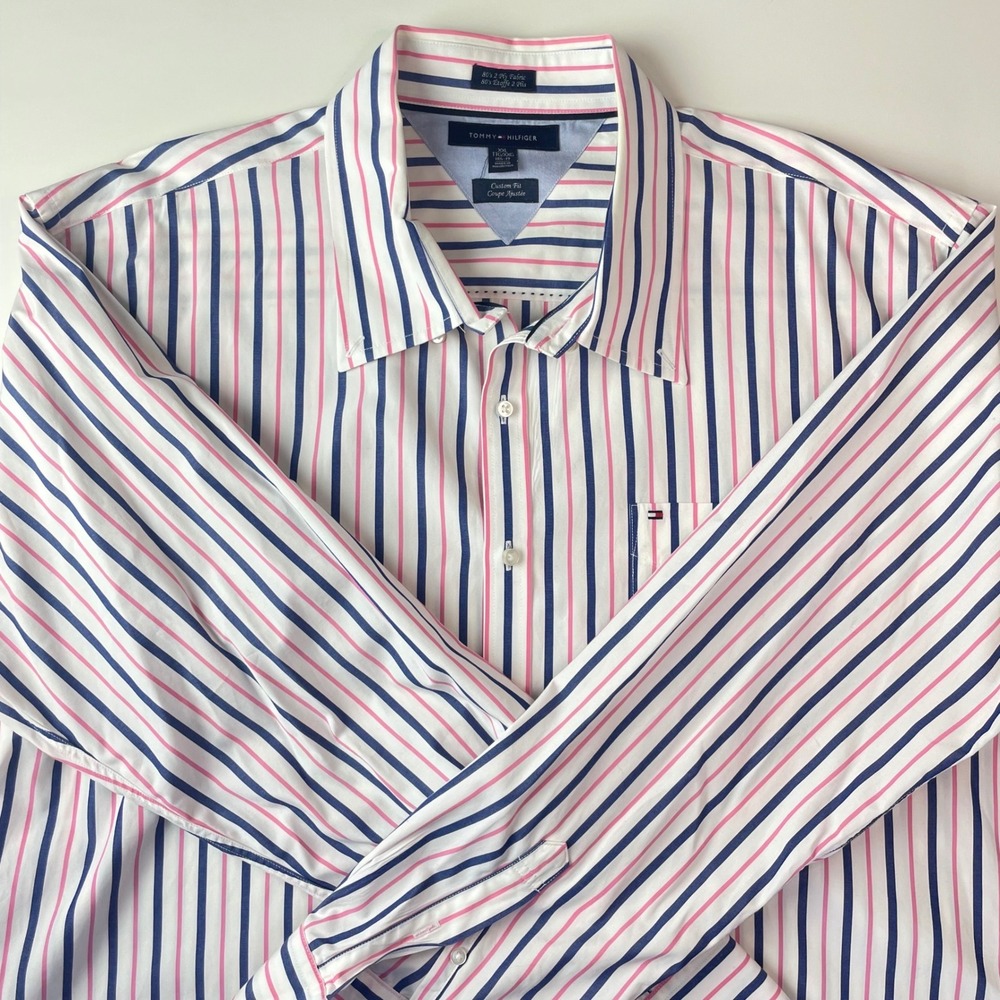 Tommy‎ Hilfiger Mens XXL Custom Fit Striped Button Down Shirt Pink Blue White - Picture 4 of 11